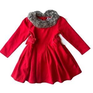 Janie and Jack Red Faux Fur Collar Holiday Dress 3T
